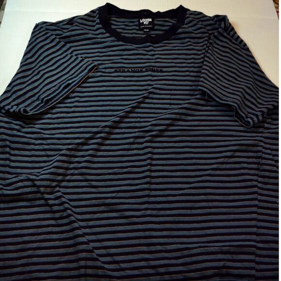 Strange Times Men's Black & Blue Striped T-Shirt - XL - Picture 1 of 4